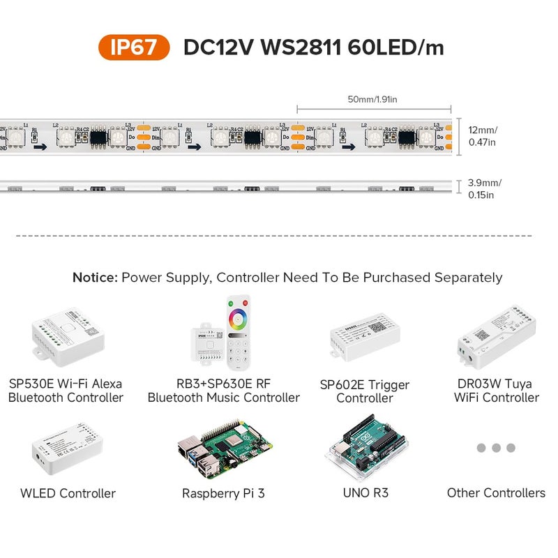 BTF-LIGHTING WS2811 IC=RGB+IC Addressable Dream Color LED Strip 16.4FT 60LEDs/m 20Pixels/m IP67 Waterproof White PCB Flexible DC12V Chasing Effect for Home Indoor Decor(No Adapter or Controller) - Image 2